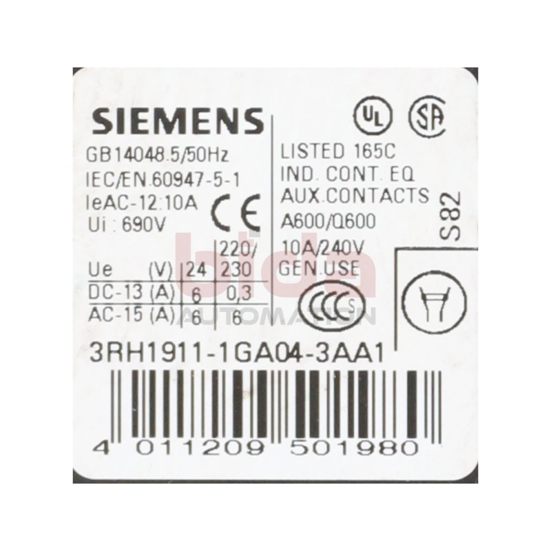 Siemens 3RH1911-1GA04-3AA1 Hilfsschalterblock Auxiliary Switch Block 10A
