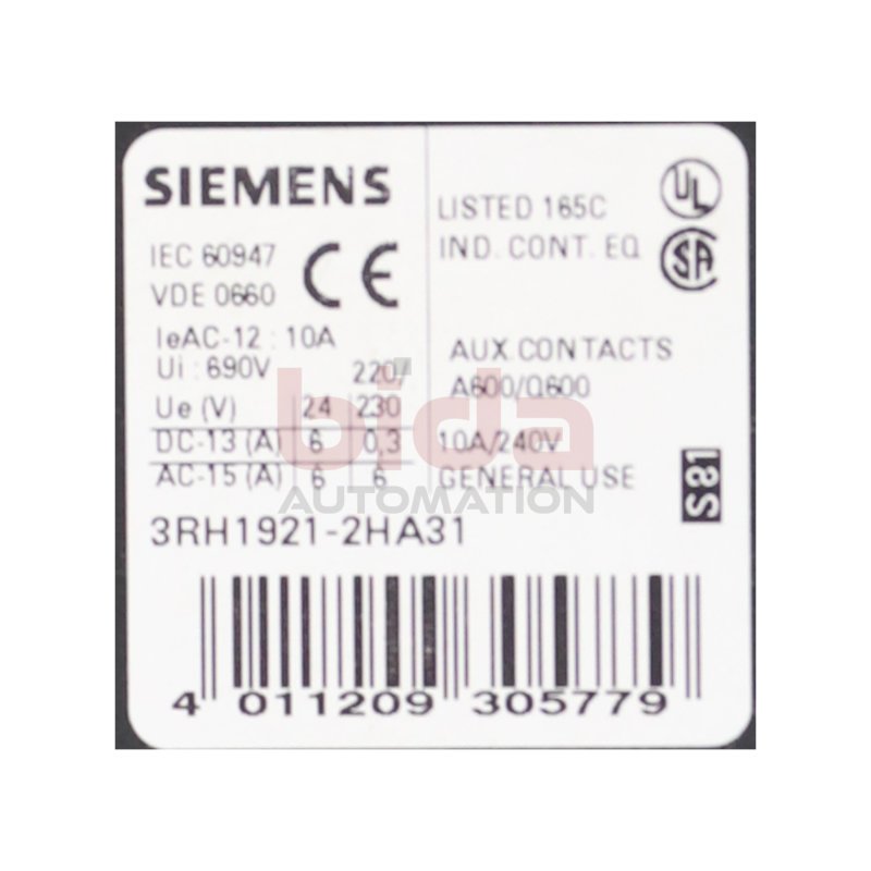 Siemens 3RH1921-2HA31 Hilfsschalterblock Auxiliary Switch Block  10A 240V