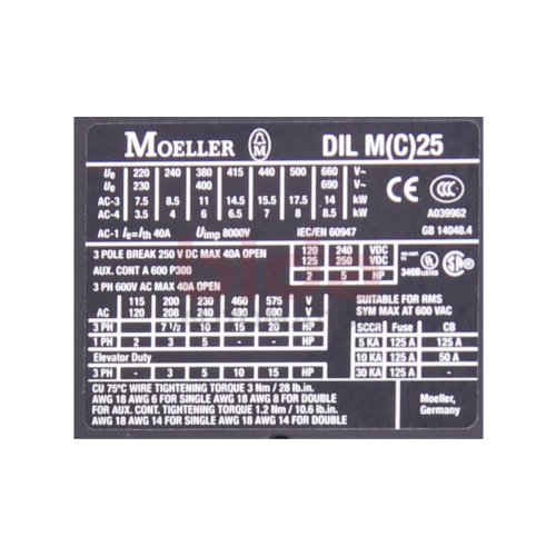 Moeller DIL MC 25-01 Leistungssch&uuml;tz / Power Contactor 250VDC 40A