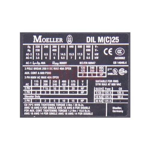 Moeller DIL MC 25-10 Leistungssch&uuml;tz / Power Contactor 250V 40A