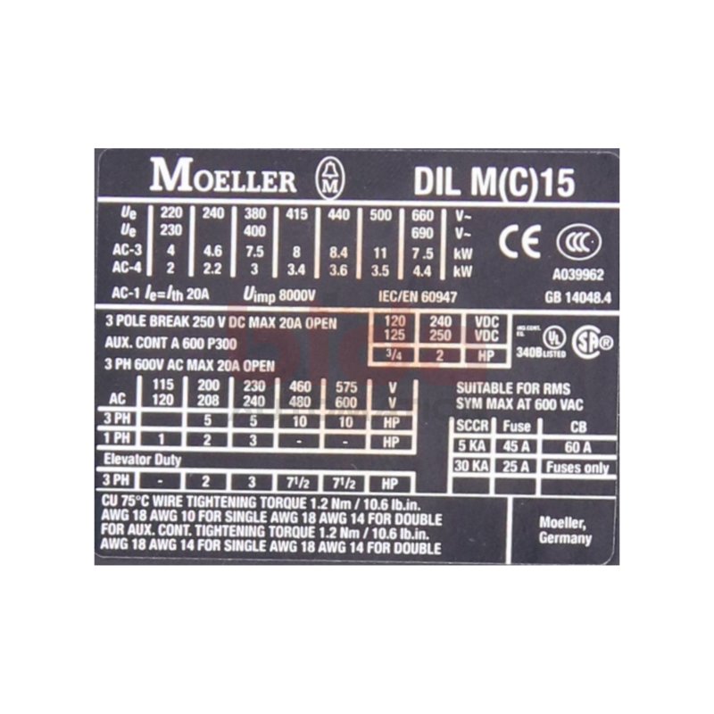 Moeller DILM15-10 Leistungssch&uuml;tz / Power Contactor 250V 20A