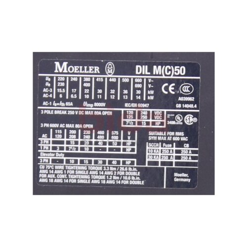 Moeller DIL MC50 Leistungssch&uuml;tz / Power Contactor 250V 80A
