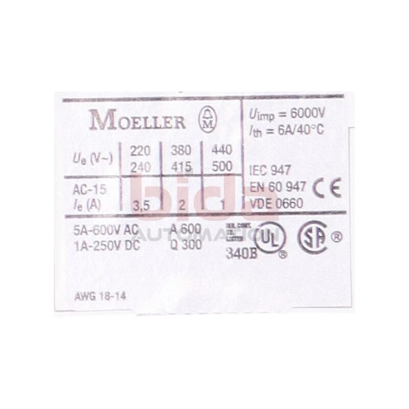 Moeller NHI11-PKZ0-C Hilfsschalter / Auxiliary switch 5A 600 VAC 1A 250 VDC