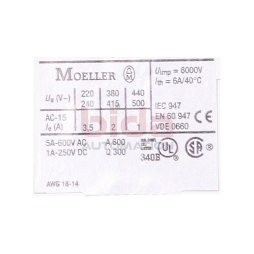 Moeller NHI11-PKZ0-C Hilfsschalter / Auxiliary switch 5A 600 VAC 1A 250 VDC