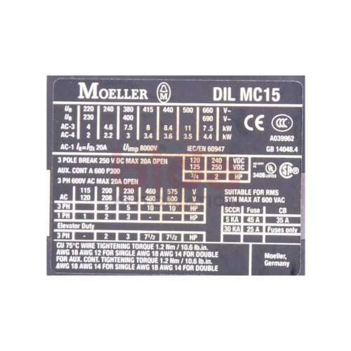 Moeller DIL MC15-01 Leistungssch&uuml;tz / Power Contactor 250VDC 20A