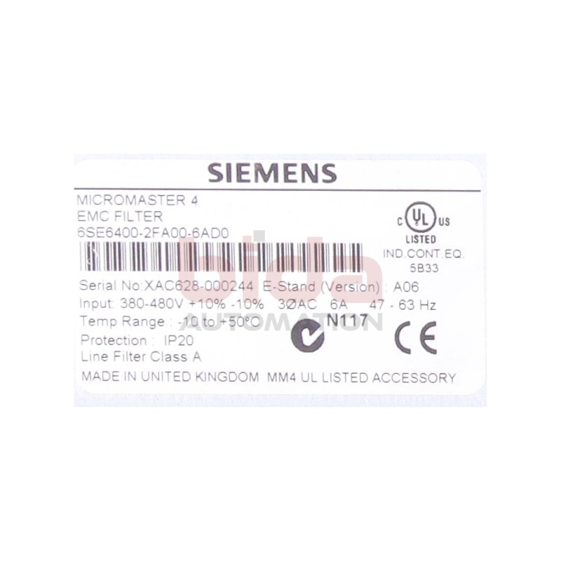 Siemens 6SE6400-2FA00-6AD0 / 6SE6 400-2FA00-6AD0 MICROMASTER 4 EMV-Filter 200V-480V 6A