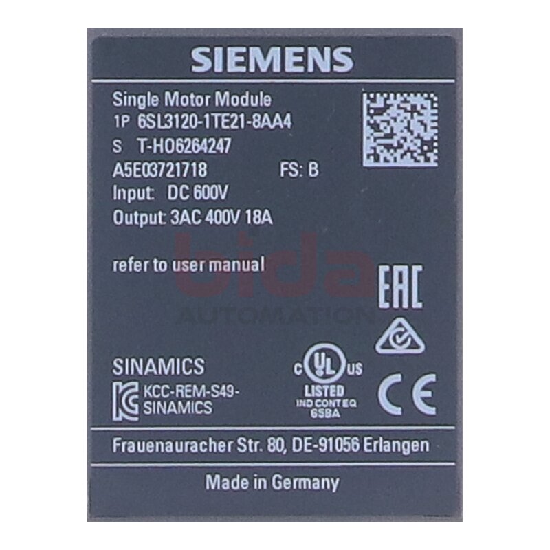 Siemens 6SL3120-1TE21-8AA4 SINAMICS S120 Single Motor-Module 600VDC 400V 18A