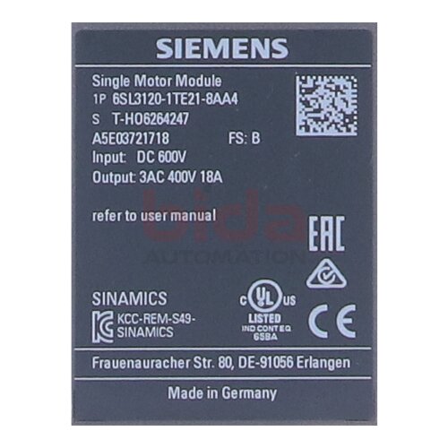 Siemens 6SL3120-1TE21-8AA4 SINAMICS S120 Single Motor-Module 600VDC 400V 18A