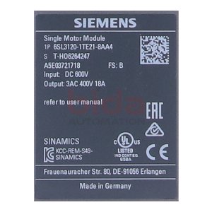 Siemens 6SL3120-1TE21-8AA4 SINAMICS S120 Single...