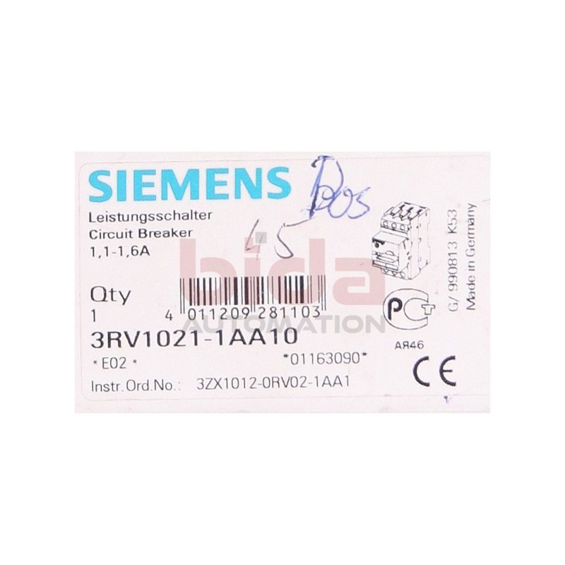 Siemens 3RV1021-1AA10 / 3RV1 021-1AA10 Leistungsschalter / Circuit breaker