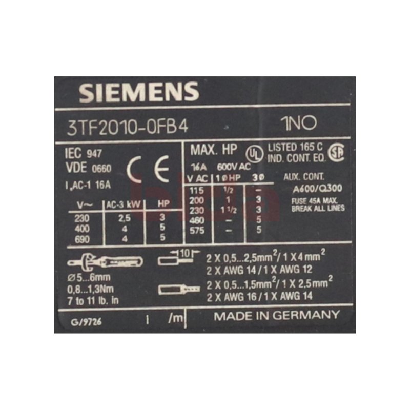 Siemens 3TF2010-0FB4 Sch&uuml;tz Contector 16A 600V