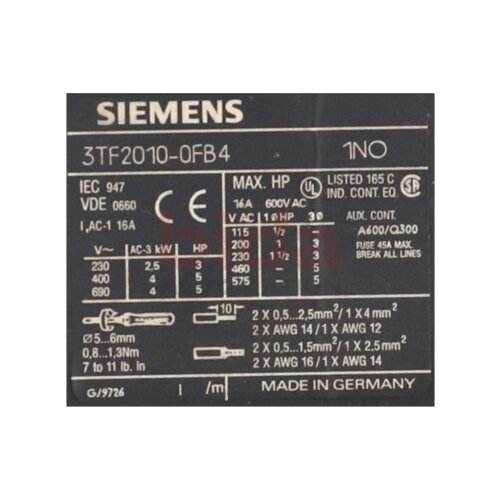 Siemens 3TF2010-0FB4 Sch&uuml;tz Contector 16A 600V