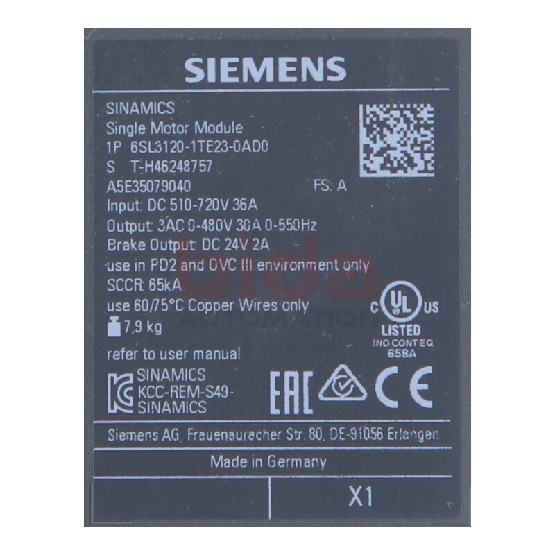 Siemens 6SL3120-1TE23-0AD0 / 6SL3120-1TE23-0AD0 SINAMICS S120 Single Motor-Module 600 VDC 400V 30A
