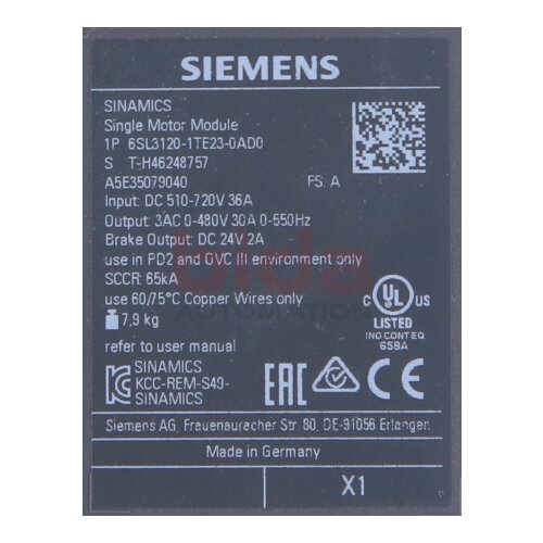 Siemens 6SL3120-1TE23-0AD0 / 6SL3120-1TE23-0AD0 SINAMICS S120 Single Motor-Module 600 VDC 400V 30A
