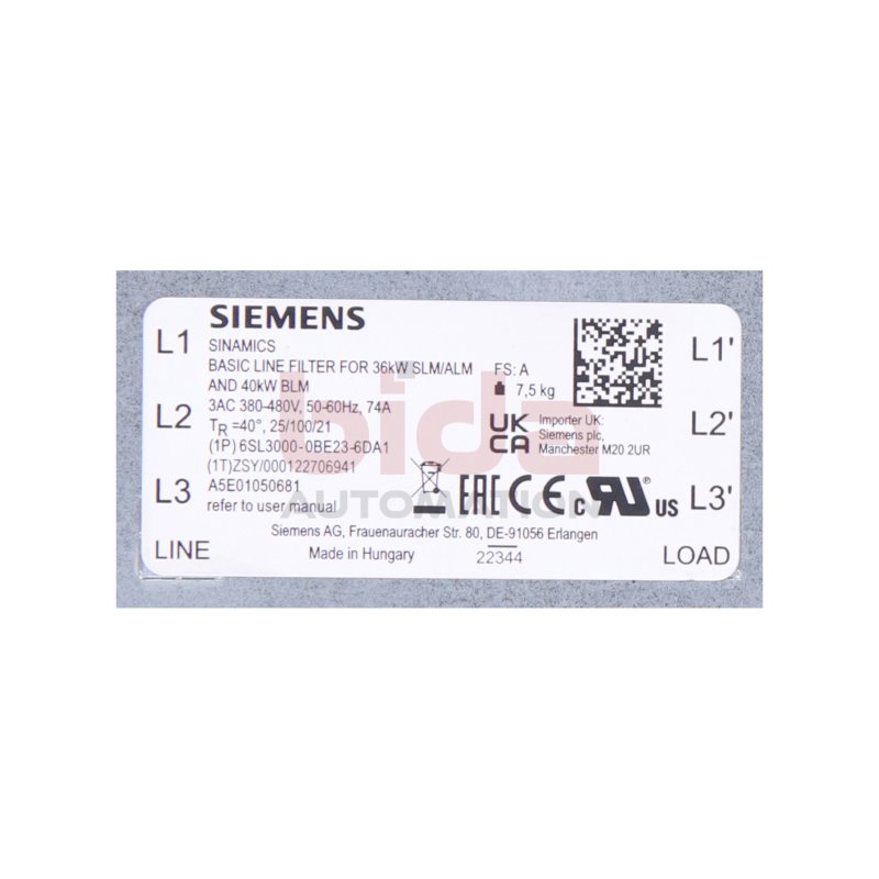 Siemens 6SL3000-0BE23-6DA1 /  6SL3 000-0BE23-6DA1 SINAMICS S120 Basic line Filter 380-480V