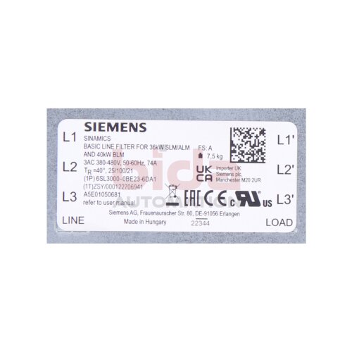 Siemens 6SL3000-0BE23-6DA1 /  6SL3 000-0BE23-6DA1 SINAMICS S120 Basic line Filter 380-480V