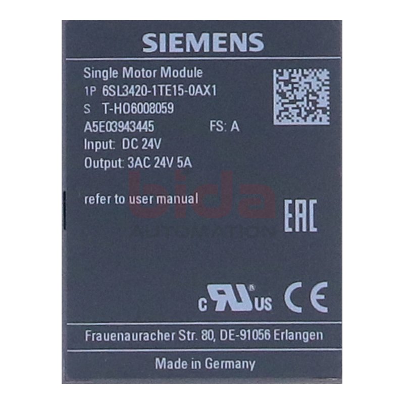 Siemens 6SL3420-1TE15-0AX1 / 6SL3 420-1TE15-0AX1 SINAMICS S120 Single Motor-Module 60VDC 40V 5A
