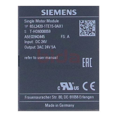 Siemens 6SL3420-1TE15-0AX1 / 6SL3 420-1TE15-0AX1 SINAMICS S120 Single Motor-Module 60VDC 40V 5A
