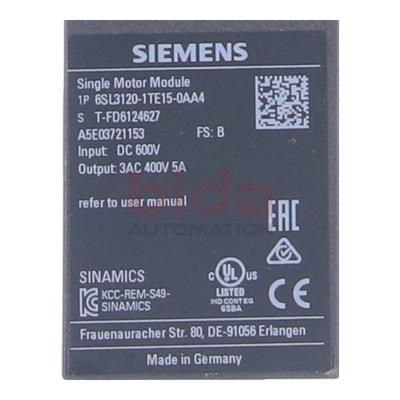 Siemens 6SL3120-1TE15-0AA4 / 6SL3 120-1TE15-0AA4 SINAMICS S120 Single Motor-Module 600VDC 400V 5A