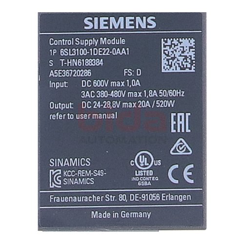 Siemens 6SL3100-1DE22-0AA1 / 6SL3 100-1DE22-0AA1 SINAMICS Control Supply Module 600VDC 380-480V 20A
