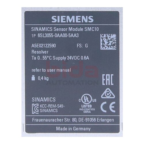 Siemens 6SL3055-0AA00-5AA3 / 6SL3 055-0AA00-5AA3 SINAMICS S120 Sensor Module SMC10