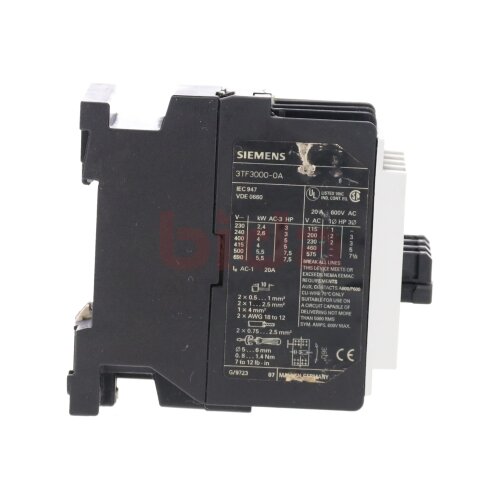 Siemens 3TF3000-0A Leistungssch&uuml;tz Power Contactor 20A 600V