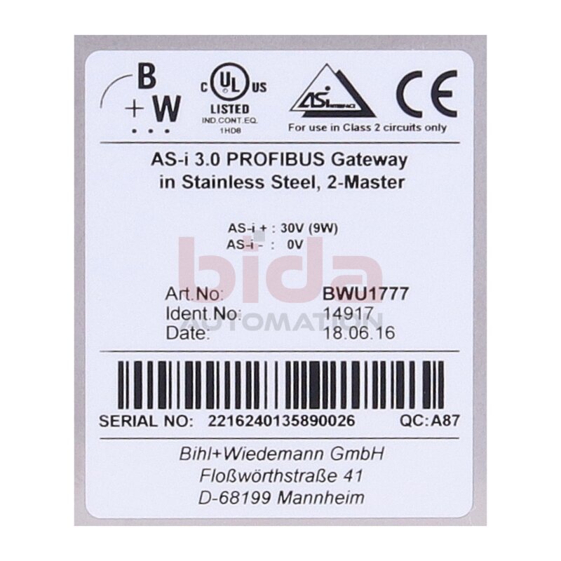 Bihl+Wiedemann BWU1777 AS-i 3.0 Profibus Gateway in Stainless Steel, 2-Master