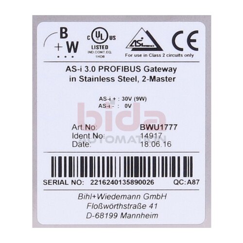 Bihl+Wiedemann BWU1777 AS-i 3.0 Profibus Gateway in Stainless Steel, 2-Master