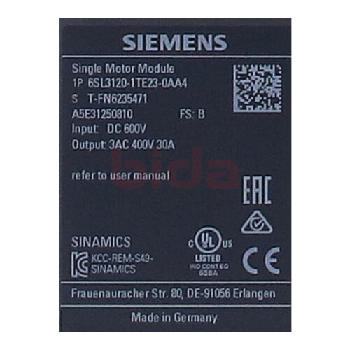 Siemens 6SL3120-1TE21-8AA3 / 6SL3 120-1TE21-8AA3 SINAMICS S120 Single Motor-Module 600VDC 400V 18A