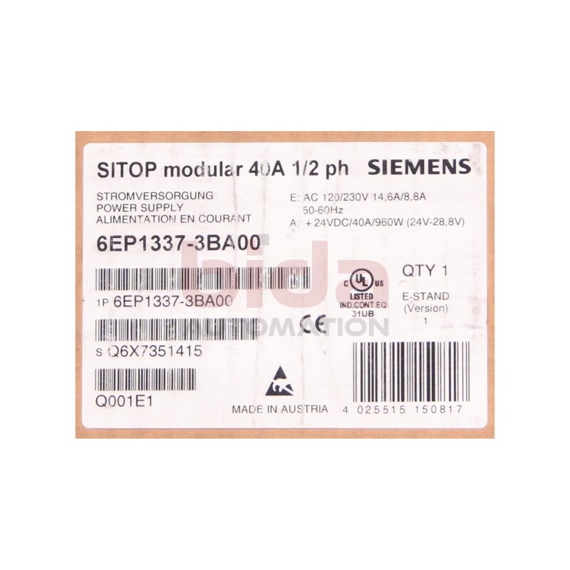 Siemens 6EP1337-3BA00 / 6EP1 337-3BA00 SITOP PSU100M 40A  24V
