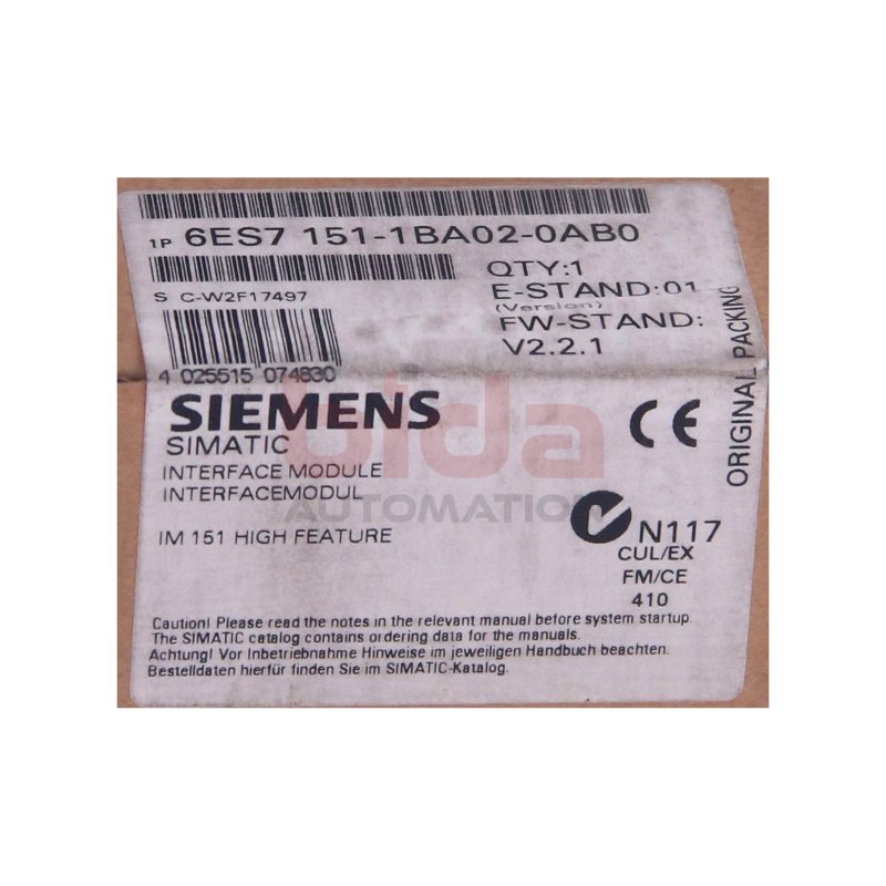 Siemens 6ES7151-1BA02-0AB0 / 6ES7 151-1BA02-0AB0 SIMATIC DP, Interface-Modul IM151-1