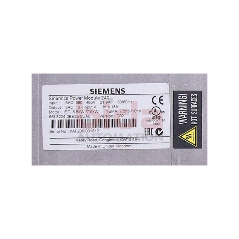 Siemens 6SL3224-0BE25-5UA0 / 6SL3 224-0BE25-5UA0 SINAMICS G120 Power Module 380-480V