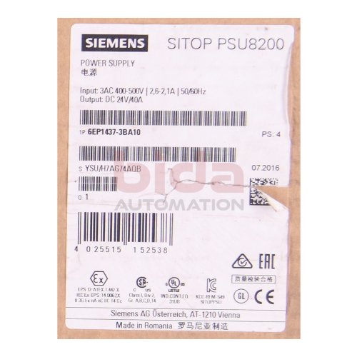 Siemens 6EP1437-3BA10 / 6EP1 437-3BA10 SITOP PSU8200 24V 40A