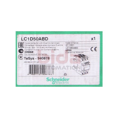Schneider LC1D50ABD Leistungssch&uuml;tz / Power Contactor 440V 50A 24VDC