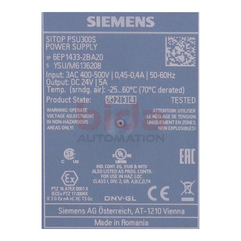 Siemens 6EP1 433-2BA20 / 6EP1433-2BA20 SITOP PSU300S 24 V/5 A Geregelte Stromversorgung / Power supply