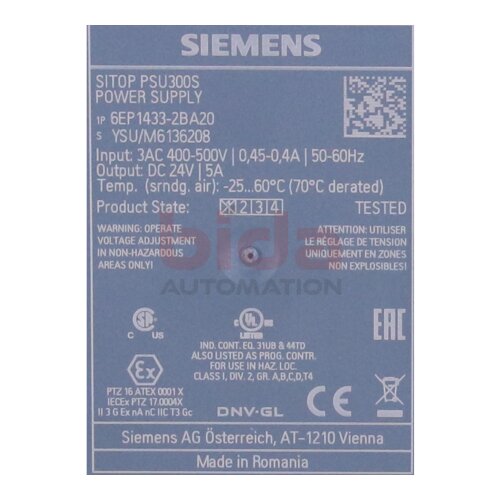Siemens 6EP1 433-2BA20 / 6EP1433-2BA20 SITOP PSU300S 24 V/5 A Geregelte Stromversorgung / Power supply