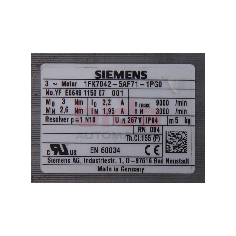 Siemens 1FK7042-5AF71-1PG0 / 1FK7 042-5AF71-1PG0 SIMOTICS S Synchronservomotor