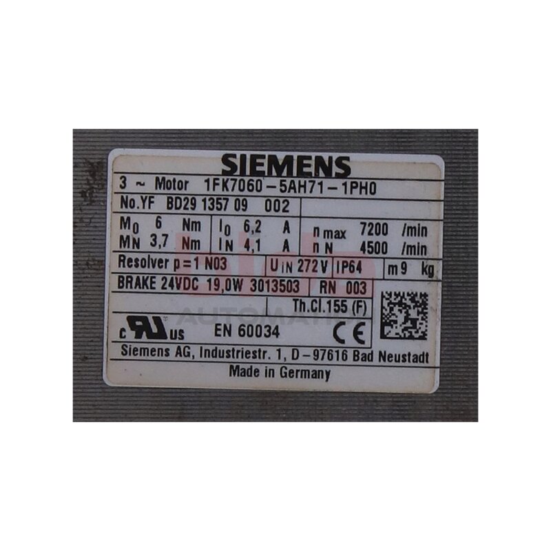 Siemens 1FK7060-5AH71-1PH0 / 1FK7 060-5AH71-1PH0  SIMOTICS S Synchronservomotor
