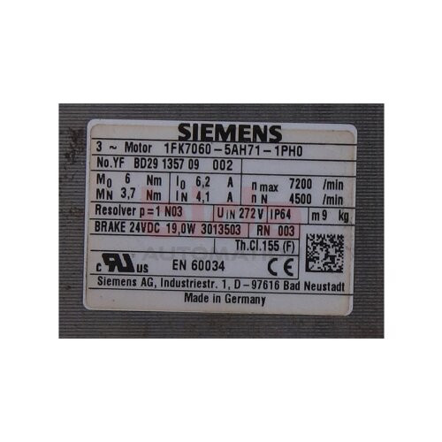 Siemens 1FK7060-5AH71-1PH0 / 1FK7 060-5AH71-1PH0  SIMOTICS S Synchronservomotor