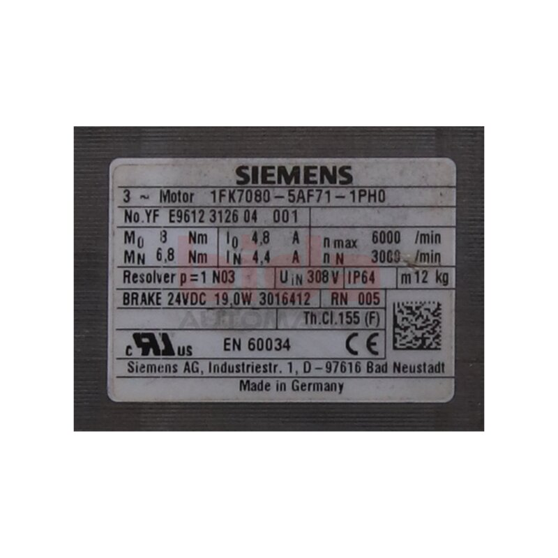 Siemens 1FK7080-5AF71-1PH0 / 1FK7080-5AF71-1PH0 SIMOTICS S Synchronservomotor 1FK7 Compact 8Nm