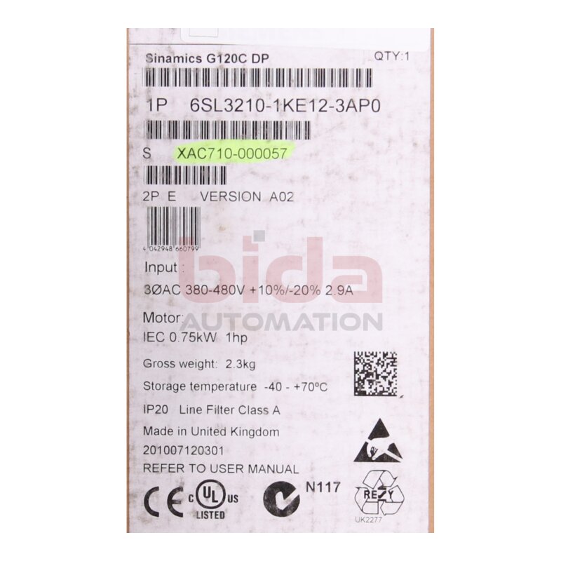 Siemens 6SL3210-1KE12-3AP0 / 6SL3 210-1KE12-3AP0 Frequenzumrichter / frequency converter 380-480V