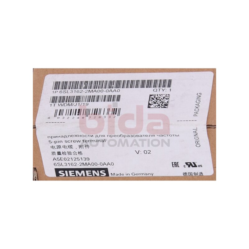 Siemens 6SL3162-2MA00-0AA0 / 6SL3 162-2MA00-0AA0 5-polige Schraubklemme/5-pin screw terminal 3-30A