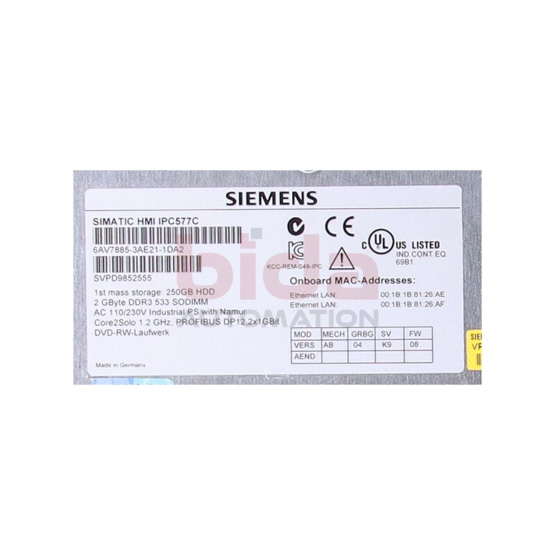 Siemens SIMATIC  6AV7885-3AE21-1DA2  SIMATIC HMI IPC577C  6AV7 885-3AE21-1DA2 Tastendisplay / 15" Key Display AC 110/230V