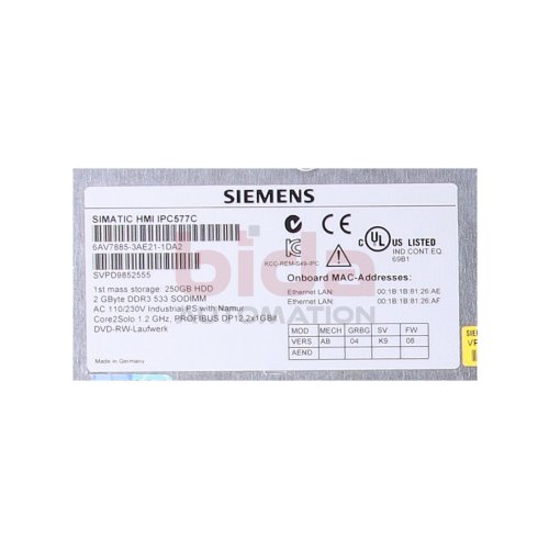 Siemens SIMATIC  6AV7885-3AE21-1DA2 / 6AV7 885-3AE21-1DA2 Tastendisplay / 15&quot; Key Display AC 110/230V