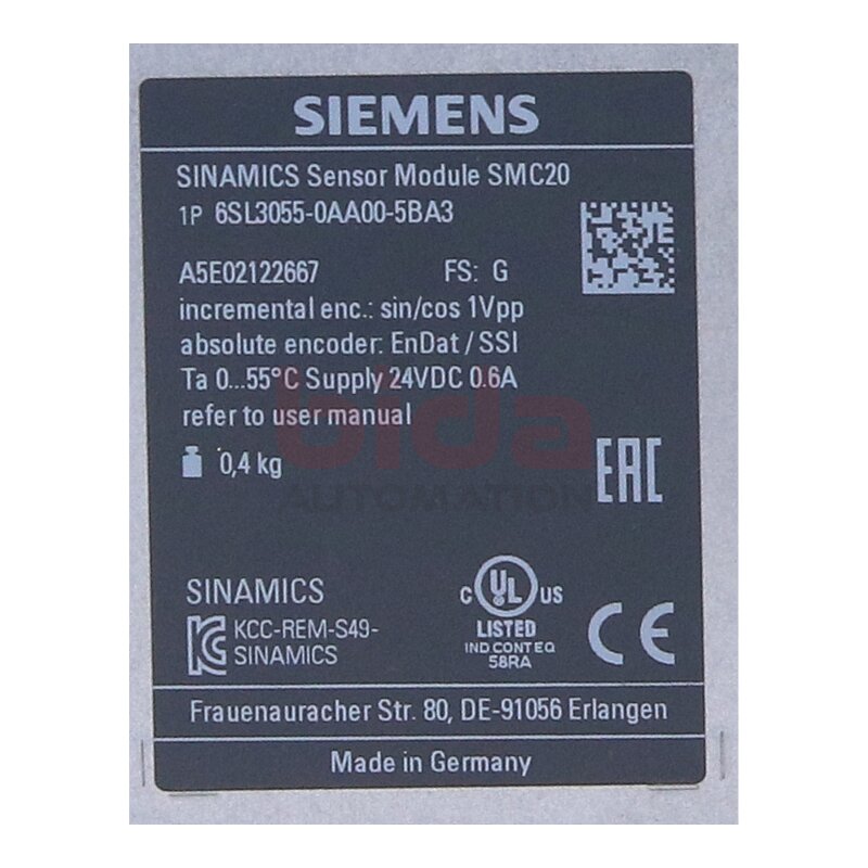 Siemens 6SL3055-0AA00-5BA3 / 6SL3 055-0AA00-5BA3 S120 Sensor Module SMC20 Baugruppe / Assembly group 24 VDC 0,6A