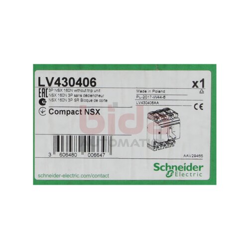 Schneider Electric LV430406 Kompaktschalter Grundschalter 3P 160A f&uuml;r 50kA/415V AC compact switch