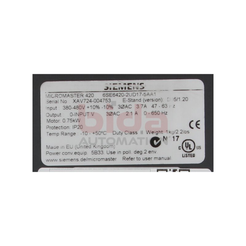 Siemens 6SE6420-2UD17-5AA1 Micromaster Frequenzumrichter Umrichter Frequency Converter