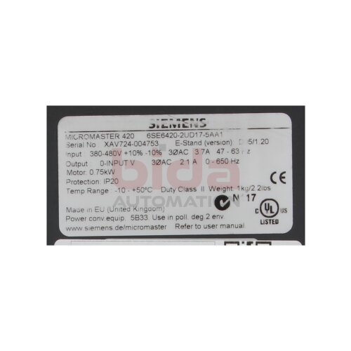 Siemens 6SE6420-2UD17-5AA1 Micromaster Frequenzumrichter Umrichter Frequency Converter