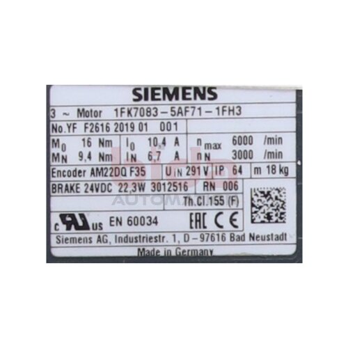 Siemens 1FK7083-5AF71-1FH3 Servomotor Servo Motor Synchronmotor 1FK7 083-5AF71-1FH3