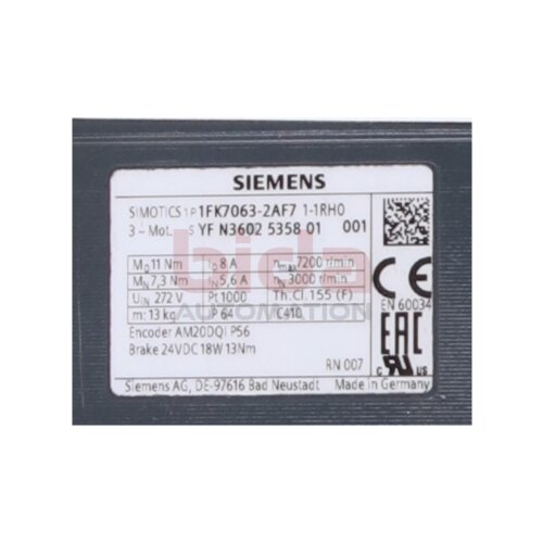 Siemens 1FK7063-2AF71-1RH0 Servomotor Servo Motor Synchronmotor 1FK7 063-2AF71-1RH0